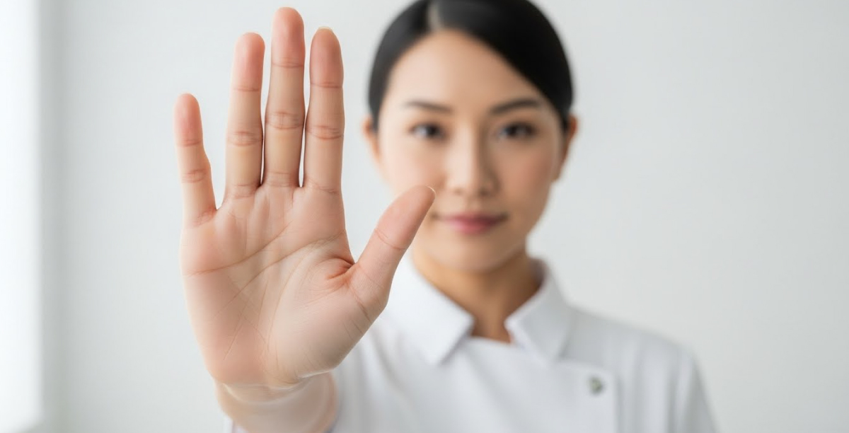 看護師が手をドンと大きく前に出した“STOPの構図”