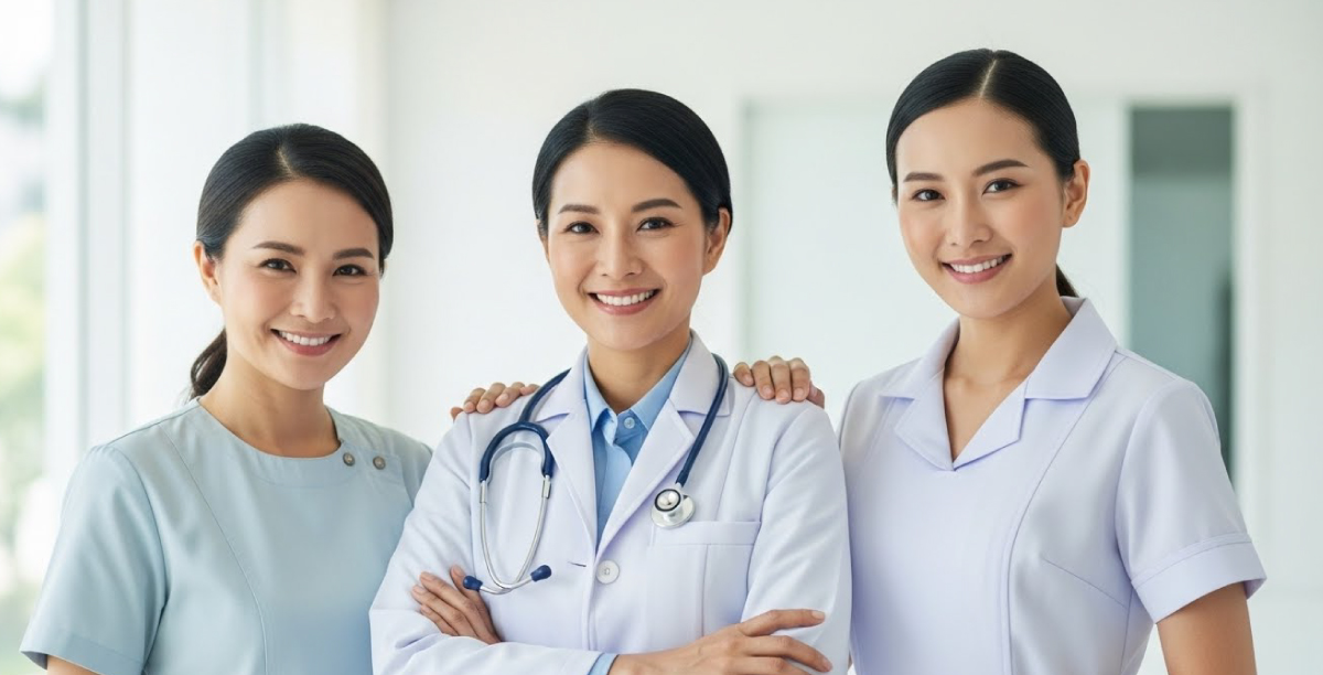 左に歯科医師、真ん中に医師、右に看護師が笑顔で立っている様子