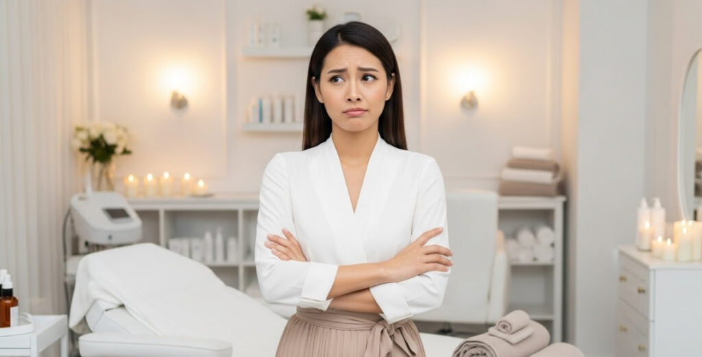 おしゃれなサロンを背景に、女性が腕を組んで困惑している様子