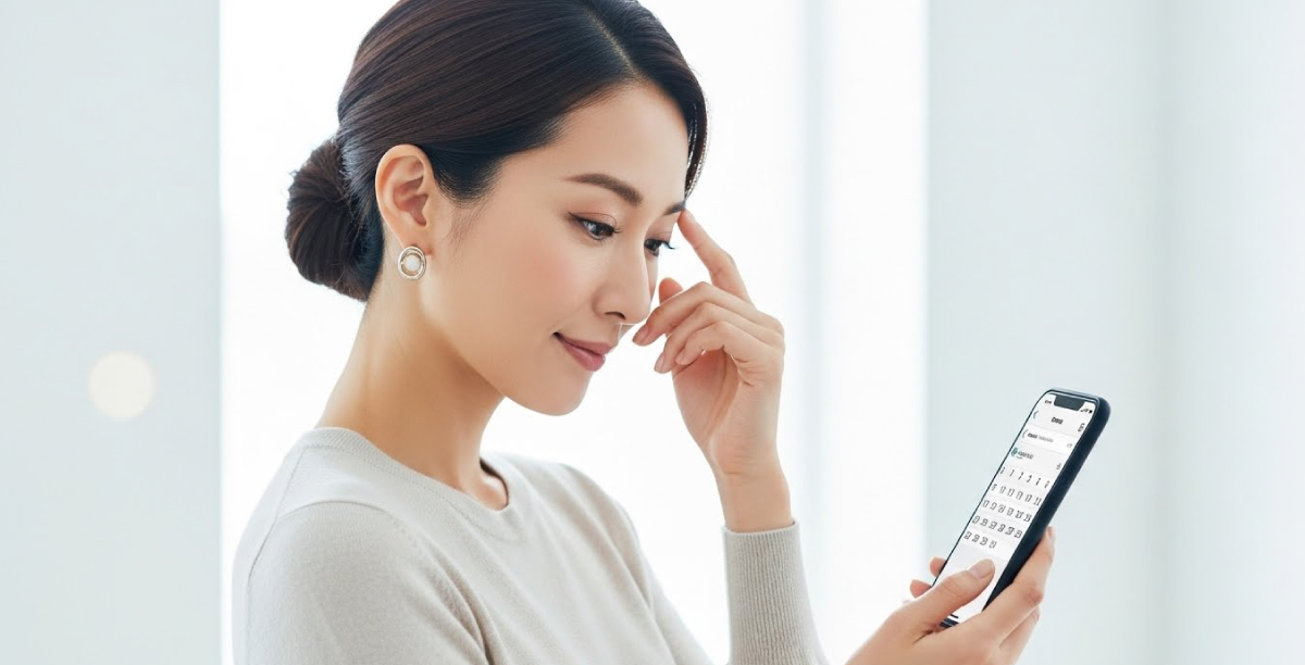 女性が優しく眉に触れながらうつむき加減でスマートフォンのスケジュールを確認する様子