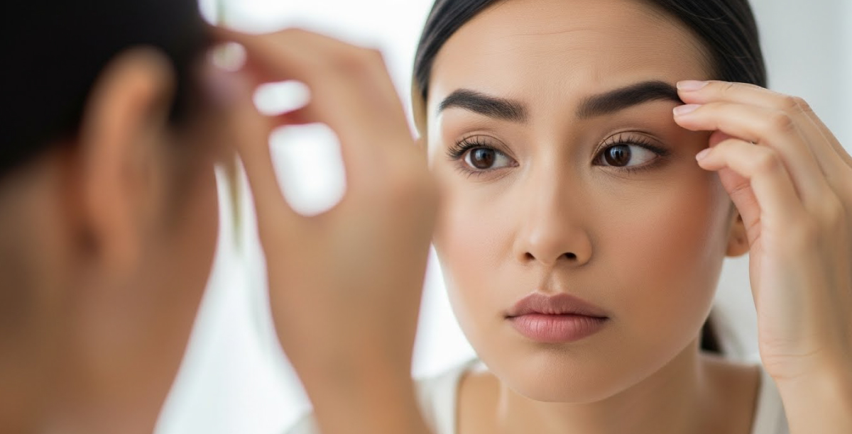 女性が鏡を見ながら眉を触り、眉の形や眉尻などを気にする様子