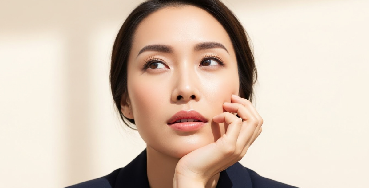 女性が顎に手を添えて斜め上を見ながら少し考えている様子