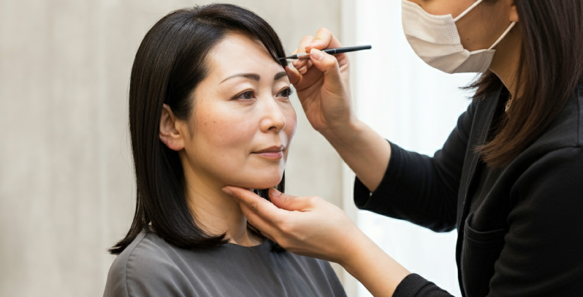 眉のデッサンを受けている女性と施術者