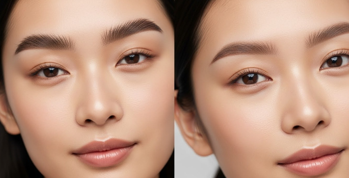 2分割された画像内に同じ顔の女性、それぞれ医療アートメイクを施した眉で左はきりっとした眉、右は自然な仕上がりの眉がそれそれデザインされている