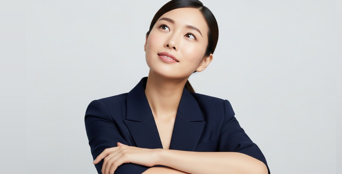 紺色のジャケットを着た女性が腕を組み、穏やかな表情で斜め上に視線を向け想像している様子。明るく前を見据えているような表情。