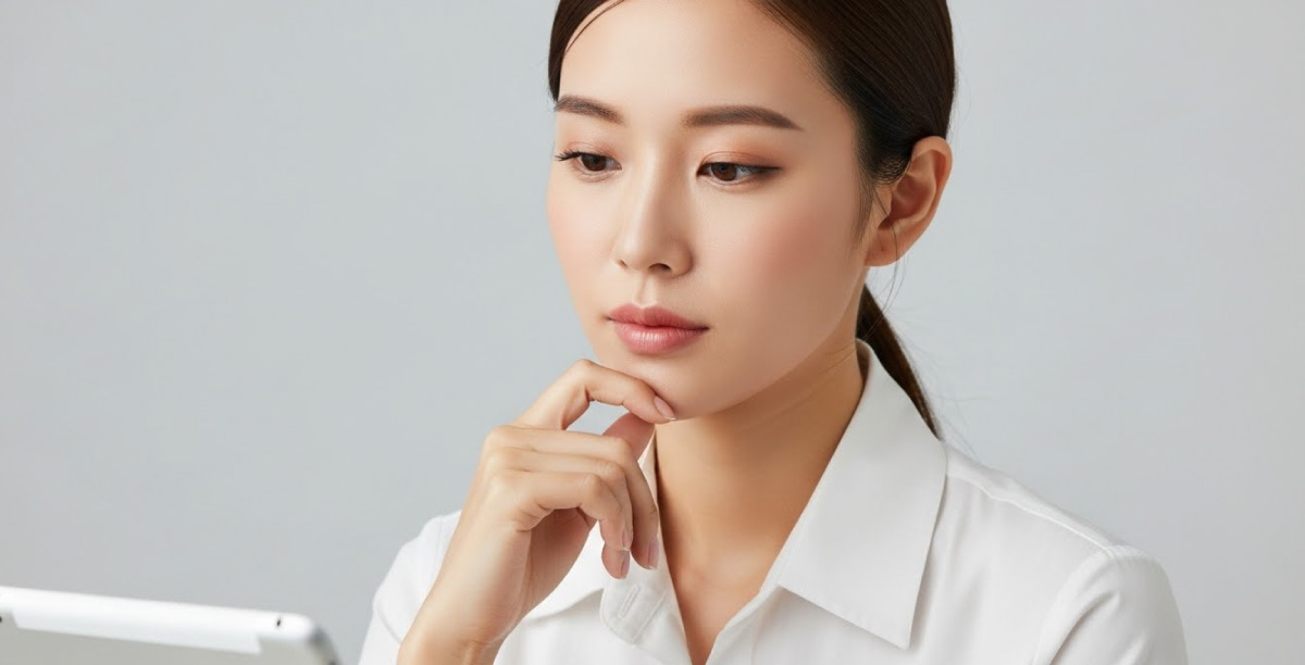 白いシャツを着た女性が、右手の人差し指と親指を顎に当て、タブレット端末を見ながら考える様子。