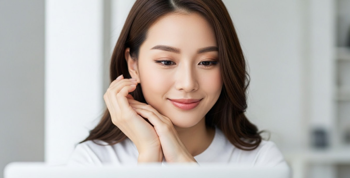 顔に両手をそろえて添えている女性が、明るい室内でPCを見ながら求人を探して微笑む様子。