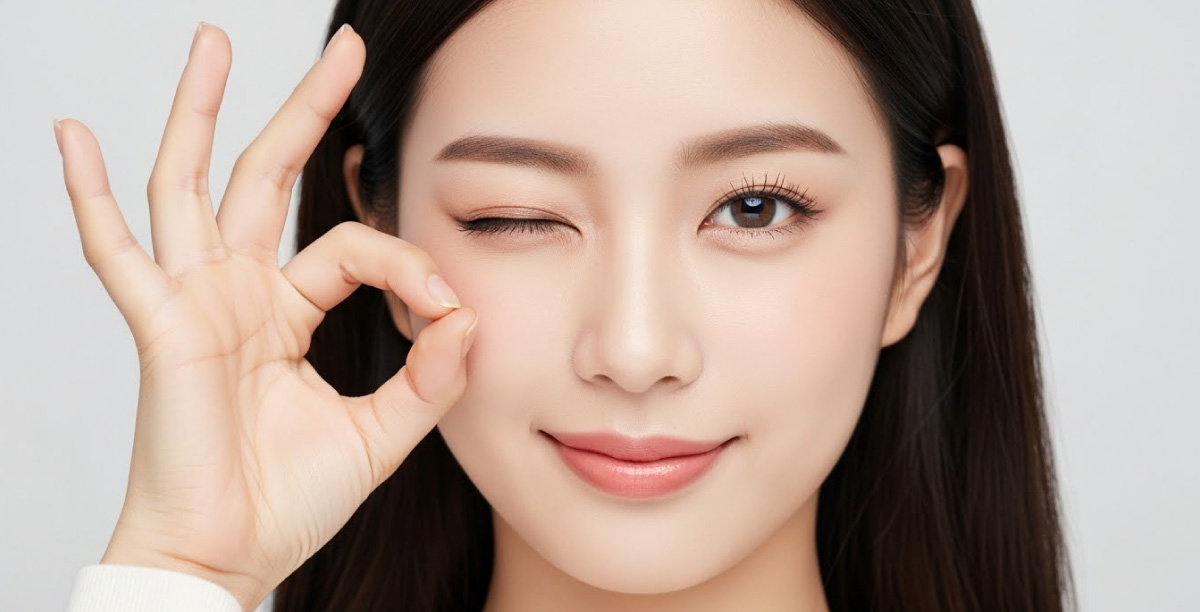 女性がウインクをしながらOKサインをする様子の顔のアップ。