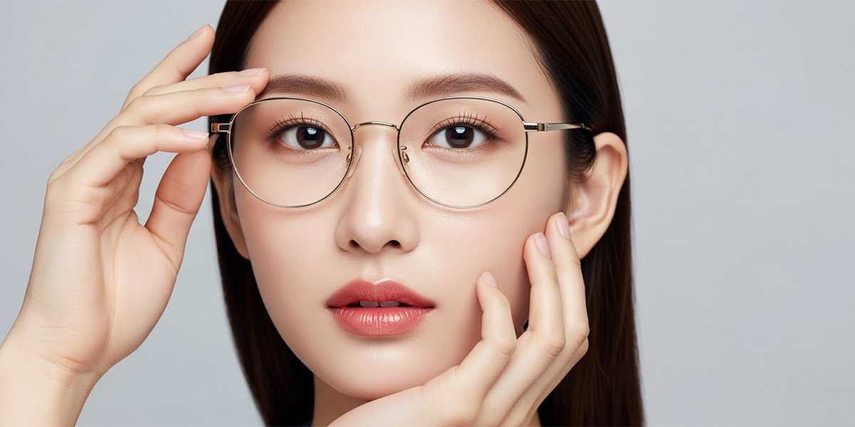 両手を眉と頬に当てている眼鏡をかけた女性の顔のアップ。薄付きのメイクで、ほんのりと色づいた唇をしている。