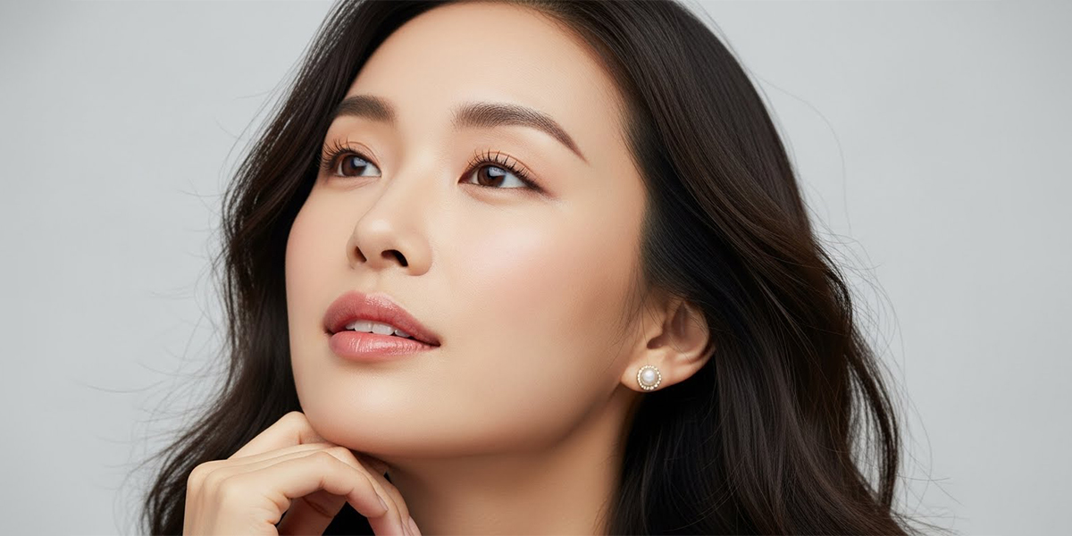 女性があごに手を添えて遠くを眺め、何かを考えている様子。清々しい表情をしている。