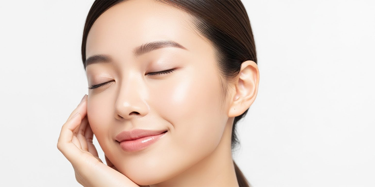 女性がリラックスした表情で頬に手を当て目を閉じている様子の顔のアップ。