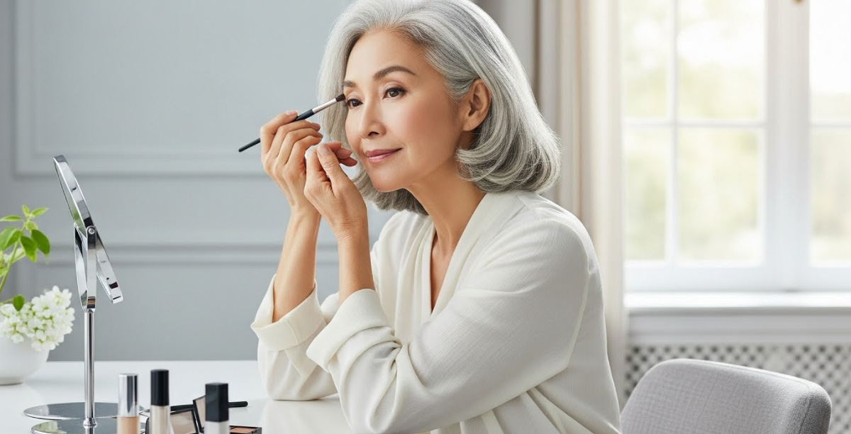 明るい自宅の鏡の前で眉メイクをするグレイヘアの60代の女性。鏡の他にコスメ用品が複数テーブルに置かれている。