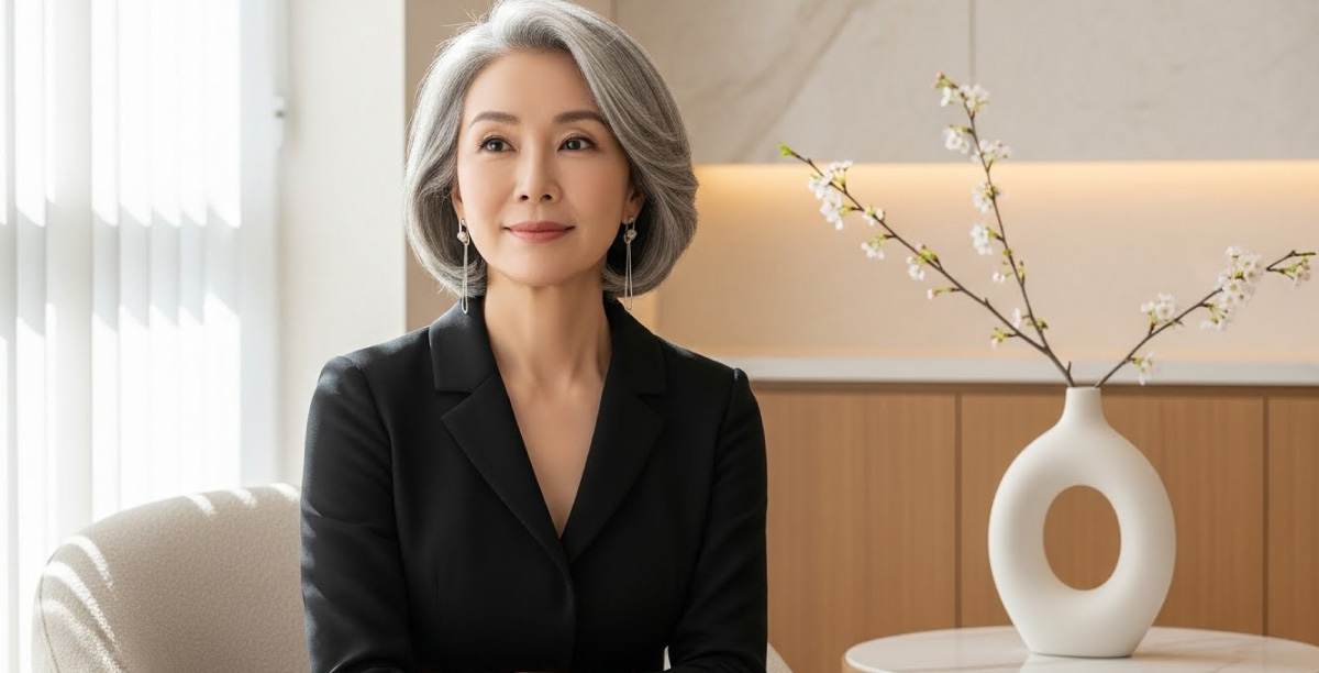 美容クリニックの待合室でリラックスした表情で椅子に座る、60代のグレイヘアの女性。背後の大きな窓からはやわらかい日差しが差し込んでいる。