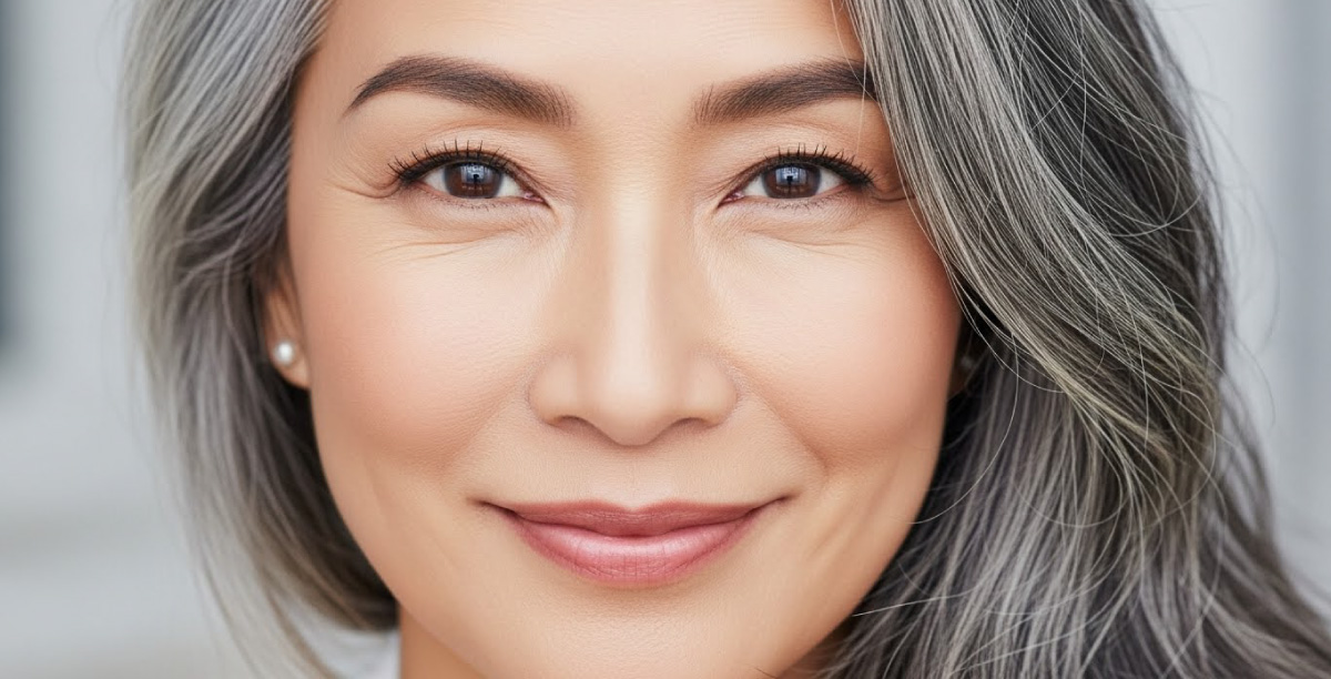 自然な眉が整った女性のクローズアップ。グレイヘアで力強い表情で見つめている。