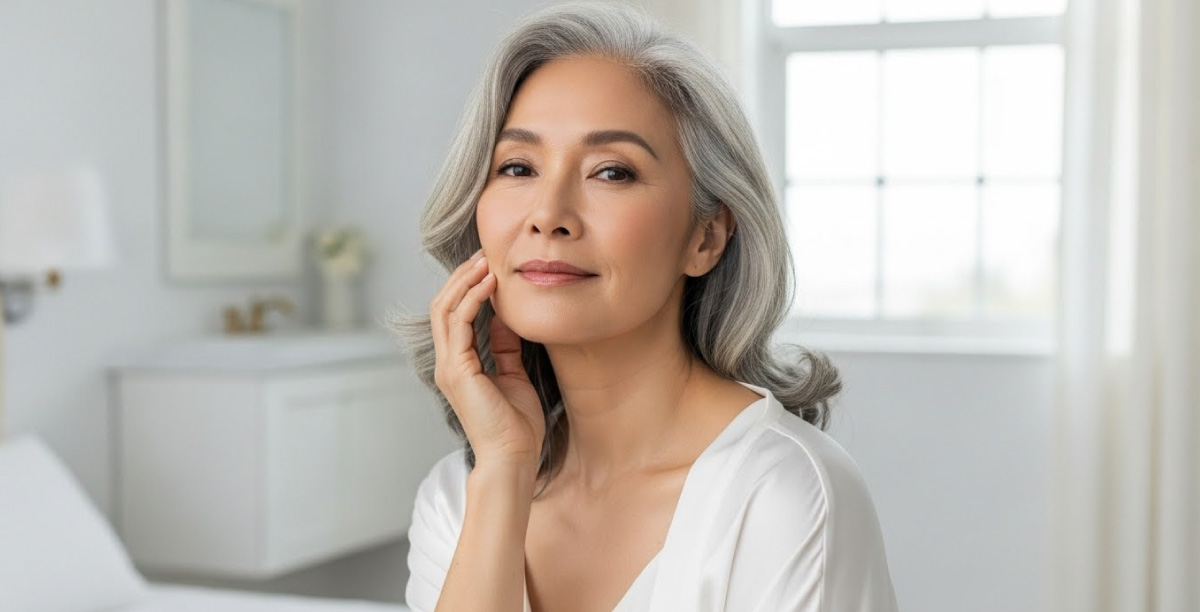 白を基調とした明るい室内で頬に手を添えて優しく微笑む50代グレイヘアの女性。