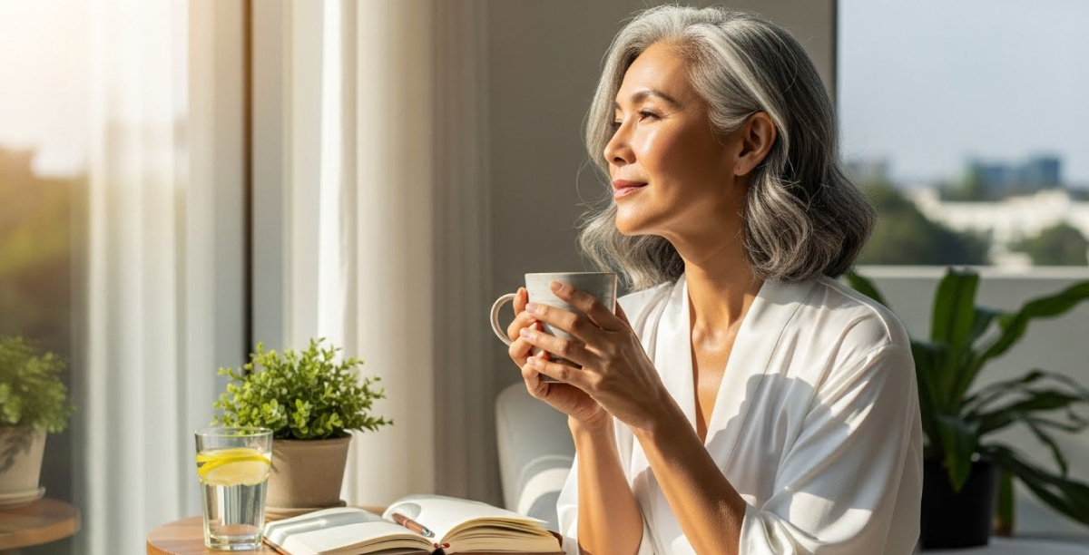 窓辺で朝の日差しを浴びながら、マグカップを手に過ごす50代のグレイヘアの女性。テーブルには本や水の入ったコップが置かれている。