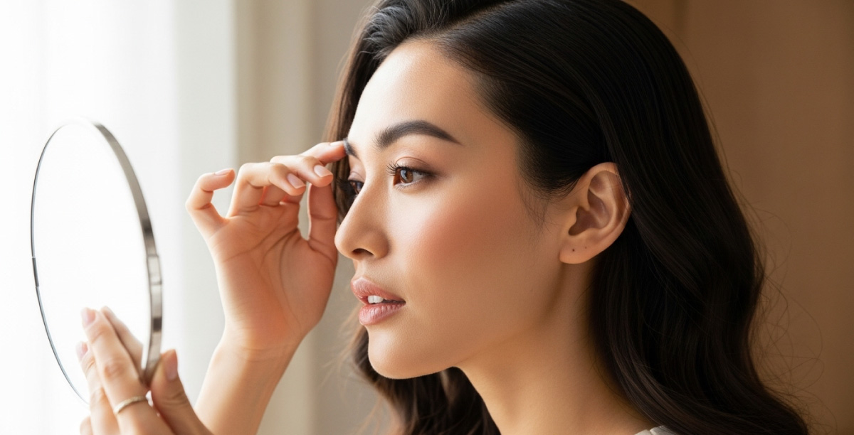 レースカーテンのかかった大きな窓の近くで手鏡を持ち、眉の高さを気にする女性。