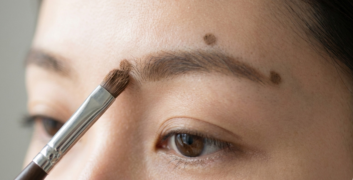 アイブロウブラシを使ってアイブロウパウダーを点状に眉上につけ、眉を描くガイドにしている女性の目元のアップ。