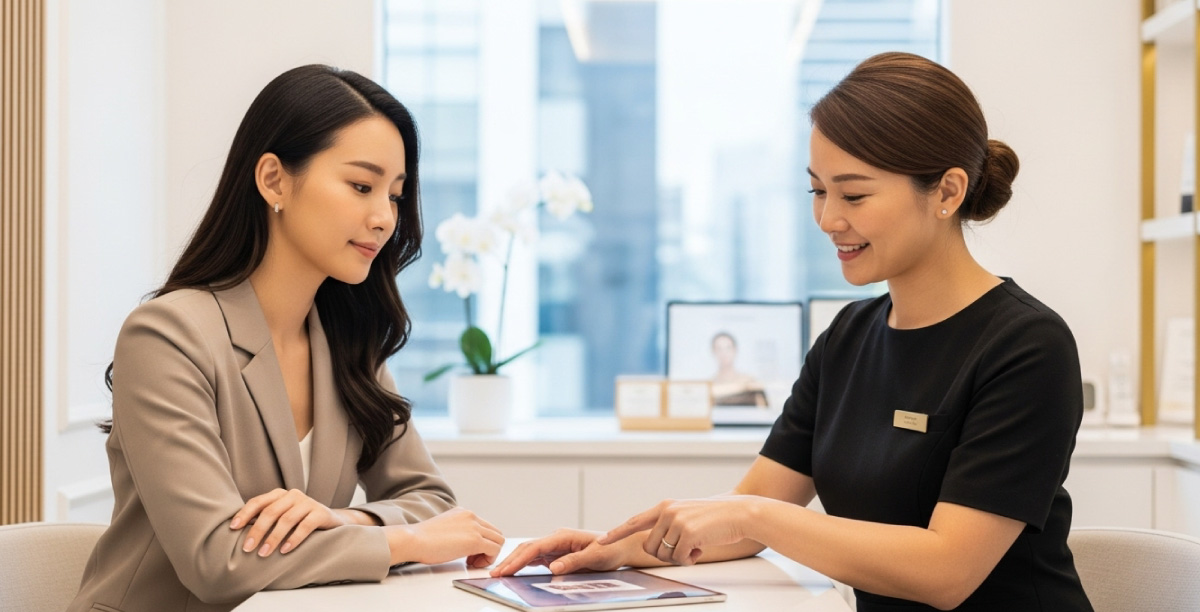 眉サロンでカウンセリングを受けているジャケットを着た女性。向かいにはサロンのカウンセラーの女性が座り、テーブルの上の資料でメニューの説明を行っている様子。奥の窓からはビルが立ち並ぶ街並みが見える。