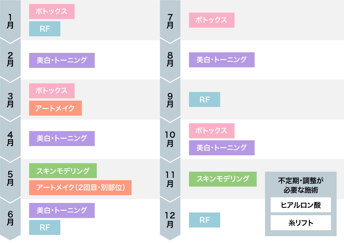 美容治療とアートメイクとの間隔やスケジュールを示した画像。2ヶ月毎に受ける2回のアートメイク施術を軸に、その前後で受けることができる美容治療(ボトックスやトーニング、RFなど)が書かれている。