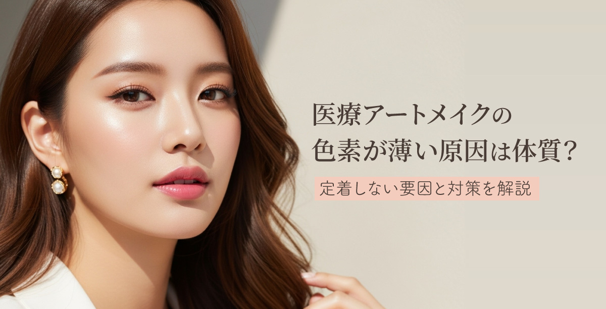医療アートメイクを受けたけれど、思っていたより色素が薄くなってしまった経験はありませんか。 色素の定着には体質や肌質が大きく影響するため、同じ施術を受けても仕上がりや色持ちに個人差が生まれます。 この記事では、医療アートメイクの色素が薄くなってしまう原因を医療的な視点から詳しく解説し、あなたの体質に合わせた対策法をお伝えします。色素を長持ちさせるコツを知ることで、理想の美しさを維持できるでしょう。 このコラムを読んでわかること ・色素が薄くなる本当の理由が分かる ターンオーバーや免疫反応、色素成分の特性など、退色の仕組みを丁寧に解説。「なぜ薄くなるのか？」を理解することで、施術への不安が軽くなります。 ・あなたの体質と色素定着の関係が分かる 脂性肌・乾燥肌・敏感肌など、肌質によって色が抜けやすい原因を詳しく紹介。体質別の対策を知ることで、自分に合ったケア方法が見つかります。 ・色を長持ちさせるための日常ケアが分かる 施術前の準備からダウンタイム中の保護ケア、避けたい行動までを具体的に解説。小さな習慣の積み重ねで、色持ちをさらに良くするコツが身につきます。 ・理想の色をキープするリタッチ計画が分かる 2回目施術のベストタイミングや長期的なメンテナンスの立て方を詳しく案内。自分のライフスタイルに合わせて、美しい色味を長く保てるようになります。 目次 1. 医療アートメイクの色素が薄くなる主な原因 1-1. 皮膚のターンオーバーによる自然な退色 1-2. 施術デザインによる意図的な薄さ 1-3. 色素成分の違いによる抜けやすさ 2. 体質による色素の定着具合の個人差 2-1. 新陳代謝が活発な体質の方 2-2. 皮脂分泌が多い肌質の方 2-3. 皮膚が薄く出血しやすい方 3. 1回目施術後に色素が薄く見える理由 3-1. 施術直後〜1週間の色変化プロセス 3-2. かさぶたの形成と色素退色のしくみ 3-3. 免疫反応による色素の排出 4. 色素の定着を妨げる要因 4-1. アフターケア不足 4-2. 乾燥によるバリア機能の低下 4-3. 摩擦や刺激による影響 5. 色素を長持ちさせるコツ 5-1. 施術前のコンディション調整 5-2. ダウンタイム中の正しい保護ケア 5-3. 日常生活で気をつけるポイント 6. リタッチで理想の色をキープ 6-1. 2回目施術時期の判断基準 6-2. 長期メンテナンス計画の立て方 7. まとめ 医療アートメイクの色素が薄くなる主な原因 医療アートメイクの色素が薄くなる背景には、皮膚の自然な働きや体質・施術方法など、さまざまな要因があります。 まずは、色素が退色していくメカニズムを分かりやすく整理していきましょう。 皮膚のターンオーバーによる自然な退色 皮膚は一定の周期で新しい細胞が作られ、古い細胞が押し上げられて剥がれ落ちる「ターンオーバー」を繰り返しています。この仕組みによって、医療アートメイクの色素も徐々に薄くなるのは自然な流れです。 皮膚は一般的に約28日周期で生まれ変わると言われています。 医療アートメイクの色素は皮膚の浅い層（表皮深層〜真皮浅層）に定着させます。そのため、新しい細胞によって押し上げられる過程で、最終的には皮膚表面へと古い角質と一緒に少しずつ排出されていきます。 特に新陳代謝が活発な方、年齢が若い方はターンオーバーが早く進む傾向があり、その分、色素の退色スピードも早く感じることがあります。 この現象は完全に避けることはできませんが、医療アートメイクが数年かけて薄くなるのは、皮膚の仕組み上とても自然なことと言えます。 組織レベルのターンオーバーの例として、例えばヒトの表皮細胞は基底層で形成され、約28日かけて角化し、角質細胞になり最後は垢として剥落する。 引用：Wikipedia　ターンオーバー(生物) 施術デザインによる意図的な薄さ 医療アートメイクでは、自然で抜け感のある仕上がりを目指し、あえて明るめの色を選ぶことがあります。 明るい色素だからといって定着が悪くなるわけではありませんが、自眉や髪色に合わせて“あえて薄めに見える色”を選択することも。これによって、より自然な印象を演出することができますが、施術デザインによる意図的な薄さのため安心してください。 そのため、肌や髪色とのバランスを大切にしたデザイン力の高い施術ほど、初回は“少し薄め”に仕上げることも珍しくありません。多くの場合は、「2回目の施術やリタッチで理想の濃さに調整していく」のが一般的です。 また、眉の部位によっては、全体のバランスを整えるために濃淡を調整することがあります。 このような薄さは技術的な配慮によるものであり、決して失敗ではありません。 色素成分の違いによる抜けやすさ 医療アートメイクで使用する色素は、成分の種類によって定着のしやすさや退色スピードが大きく変わることがあります。主に「有機顔料」と「無機顔料」の2種類があり、それぞれに特徴があります。 有機顔料の色素は、発色が鮮やかというメリットがある一方、粒子が細かく軽いため、色素が安定しにくく抜けやすい傾向があります。自然な透明感のあるデザインを作りたい方に向いていますが、色持ちはやや短めです。 一方で、無機顔料の色素は粒子が大きく、肌にとどまりやすい＝定着性が高いという特徴があります。なじみやすさや持ちの良さを優先したい方に向いています。 【カウンセリングで重要なのは “どの色素で施術するか” 】 同じデザインでも、色素によって仕上がりの印象も色持ちも変わるため、施術前のカウンセリングでは、 使用する色素の種類 色味の特徴（暖色／寒色の違い） どのくらいの期間持たせたいか 肌質やライフスタイルとの相性 などを詳しく説明してもらうことが大切です。 「思っていたより早く薄くなった」「色が変わった気がする」などのギャップは、 色素の特性を理解しておくことで防ぎやすくなります。 体質による色素の定着具合の個人差 医療アートメイクは、体質によって色素の定着率や色持ちに大きな差が生まれます。あなたの体質を理解することで、適切な対策を立てることができるでしょう。 新陳代謝が活発な体質の方 運動習慣がある方や基礎代謝が高い方は、細胞の生まれ変わりが早い傾向にあるため、色素の排出（退色）が通常より早く進みやすい場合があります。その結果、一般的な色持ち期間よりも早めに薄く感じやすくなります。 代謝が活発な方は特に、医療アートメイク後1週間ほどは強度の高い運動を控え、軽めのストレッチやウォーキングに切り替えるのがおすすめです。 また、代謝を一気に上げてしまう行動（サウナ・長時間の入浴・日焼けなど）を避けることで、色持ちが維持しやすくなります。 さらに、汗をかきやすい体質の方も同様に、汗とともに色素が抜けやすくなるため、 定期的なリタッチをスケジュールに組み込むと、理想の濃さをキープしやすくなります。 皮脂分泌が多い肌質の方 皮脂の分泌が多い脂性肌（オイリー肌）の方は、皮脂によって色素が押し出されやすく、 医療アートメイクの色が落ちやすい傾向があります。特に眉やアイラインは皮脂腺が多いため、過剰な皮脂が色素の定着を妨げてしまうことがあります。 そのため、このタイプの方は施術前後のスキンケアで皮脂バランスを整えておくことがとても重要です。洗顔・保湿の見直しや、Tゾーンの皮脂対策をするだけでも、定着のしやすさが変わってきます。 また、脂性肌の方は退色スピードがやや早いケースが多いため、リタッチの間隔を短めに設定すると、理想の色味をキープしやすくなります。 長く綺麗な色を保つために、肌質に合わせたメンテナンスを計画的に行うことが大切です。 皮膚が薄く出血しやすい方 皮膚が薄い体質の方は、ちょっとした刺激で血管が傷つきやすく、出血や内出血を起こしやすくなると言われています。そのため、施術中の針による刺激で出血が起こりやすい傾向があります。 出血があると、血液に混ざって色素が流れ出てしまうことがあり、定着が弱くなる原因となります。 このような肌質の場合、施術の深度・圧・針の種類などを、 肌に負担がかかりにくい方法へ細かく調整する必要があります。経験豊富な施術者であれば、皮膚の状態を見ながら適切な技術を選んでくれます。 施術前のカウンセリングでは、 皮膚が薄い 出血しやすい 敏感肌である などを遠慮せずに伝えることが大切です。 「あなたの肌質に合わせた施術プラン」を提案してもらうことで、仕上がりの満足度も高くなります。 1回目施術後に色素が薄く見える理由 1回目の医療アートメイク施術後に「思ったより薄いかも？」と感じるのは、実はとても正常な経過です。施術直後の皮膚ではさまざまな変化が起こるため、色の見え方が揺れやすくなります。 まずは、そのプロセスを知ることで不安を解消していきましょう。 施術直後〜1週間の色変化プロセス 医療アートメイクでは、施術直後〜1週間の間に色素の見え方が大きく変化します。 施術直後は色素が表面にも残っているため、仕上がりより濃く見えますが、7～10日経つ頃には、体の自然な反応によって色が落ち着き始めます。 特に初めて施術を受ける場合は、体が色素を“異物”と認識しやすく、 通常より多くの色素を排出することがあり、「一時的に薄く感じやすい」傾向があります。 この時期は、色素が皮膚に馴染んでいく大切な準備期間。 一時的に薄く見えても心配はいりません。最終的な色味が安定するのは、施術後1〜2週間ほどが目安です。 かさぶたの形成と色素退色のしくみ 施術後3〜4日頃になると、皮膚が回復する過程でかさぶたが形成され始めます。 このかさぶたには多少の色素が含まれているため、剥がれ落ちるタイミングで色素も一緒に薄くなることがあります。 これは皮膚の自然な治癒反応であり、異常ではありません。 ただし、かさぶたを無理に剥がしてしまうと、 傷の治りが遅くなる 余計に色素が抜け落ちる 色ムラになる などのリスクが高まります。 自然に剥がれ落ちるのを待つことが、色素定着を良くする一番の近道です。 免疫反応による色素の排出 体は、注入された色素を“異物”と判断すると、免疫反応によって色素を外に排出しようと働くことがあります。これは、特に初めて施術を受ける方に現れやすい反応です。 敏感肌の方やアレルギー体質の方は、 この免疫反応が強めに出てしまうことがあり、 同じ色素・同じ技法でも定着率に差が出る原因となります。 不安がある方は、施術前にパッチテストを行い、反応や相性を確認しておくと安心です。 あなたの肌質に合った色素選び・施術プランにつながります。 色素の定着を妨げる要因 色素の定着を妨げる要因を知ることで、より良い結果を得るための対策を講じることができます。 日常生活の中で避けたいポイントや正しいケアのコツを、ここで整理しておきましょう。 アフターケア不足 施術後のアフターケア不足は、色素の定着を大きく妨げる要因になります。指定されたケア用品を使わず市販品を使用して乾燥してしまったり、つい気になって施術部位を触りこすったりすると、かさぶたが剥がれやすくなり、色素が十分に残らない原因になります。 また、施術部位を清潔に保てていないと炎症や感染リスクが高まり、 治癒が遅れて色素が定着しにくい状態になってしまうこともあります。 施術者から案内されるアフターケアは、 “色持ちを良くするための大切なプロセス”です。 不安な点があれば、遠慮なく施術者に相談して疑問を解消しておきましょう。 乾燥によるバリア機能の低下 皮膚の乾燥は、バリア機能の低下につながり、結果として色素の定着を妨げる大きな原因になります。乾燥した肌はターンオーバーが乱れやすく、色素が安定しないまま排出されやすくなるためです。 施術後はとくに保湿が重要で、適切な保湿ケアを継続することで皮膚の状態が整い、色素の定着と安定に良い影響を与えます。施術部位は刺激を避けつつ、 施術者が推奨する保湿剤をやさしく塗布し保湿を続けることがポイントです。 摩擦や刺激による影響 施術直後の皮膚はとてもデリケートな状態です。強い摩擦や刺激が加わると、定着前の色素が押し出されやすくなり、退色が早まる可能性があります。 たとえば、タオルでゴシゴシ拭いたり、 メイクやスキンケアで擦るような動きをしてしまうと、 まだ安定していない色素が抜け落ちやすくなってしまいます。 日常のケアでは、 洗顔は泡をたっぷり使って“触れるだけ”の優しいタッチ 拭くときはタオルを押し当てるように マッサージや強めのスキンケアは施術部位を避ける など、刺激を与えないようにすることが大切です。 色素を長持ちさせるコツ 医療アートメイクの色素を長持ちさせるには、施術前の準備から日常のケアまで、トータルで肌を整えることが大切です。今日からできる実践的なコツをまとめました。 施術前のコンディション調整 施術の1週間ほど前から、 十分な睡眠 栄養バランスの良い食事 適度な水分補給 を心がけることで、肌の回復力や保水力が高まり、色素の定着に良い影響を与えます。 また、飲酒や激しい運動は血行を促進して色素が流れやすくなるため、施術前後は控えるのがおすすめです。 体調を整えたうえで施術に臨むことで、より理想的な仕上がりが期待できます。 ダウンタイム中の正しい保護ケア 施術直後から、かさぶたが自然に剥がれ落ちるまでのダウンタイム期間は、色素が定着するための最も重要なタイミングです。この時期のケアは、結果に大きく影響します。 施術部位は清潔を保ち、施術者に指定された軟膏・保湿クリームを適量使用して、乾燥と刺激を防ぎましょう。紫外線にも弱い時期なので、帽子・サングラスなどで直射日光を避ける工夫も大切です。 “守るケア”ができていると、治癒がスムーズに進み、色素も安定しやすくなります。 日常生活で気をつけるポイント 医療アートメイク後の数日間は、色素が肌に定着していく大切な期間。この時期に汗や摩擦が多いと、せっかく入れた色素が不安定になりやすくなります。 特に注意したいのは、発汗・摩擦・刺激の3つ。 激しい運動、サウナ、長風呂は控える 洗顔は“触れるだけ”のやさしいタッチ タオルで拭くときは押さえるように 施術部位へのメイクやクレンジングは1週間お休み など、刺激を最小限にすることを心がけましょう。 さらに、飲酒を控えたり、睡眠・食事で体調を整えたりすることも、肌の回復力を高め、色素の安定につながります。薄いかさぶたができても無理に剥がさず、自然に落ちるのを待つことが大切です。 日々の小さな習慣が積み重なって、“きれいな発色を長くキープする秘訣”になります。 リタッチで理想の色をキープ 医療アートメイクの美しさを長く保つためには、”計画的なリタッチ（メンテナンス）”が欠かせません。早めにケアを行うことで、常に理想的な色味・形をキープできます。 2回目施術時期の判断基準 2回目施術のタイミングは、色の薄さ・輪郭の崩れ具合・退色スピードを見ながら判断します。一般的な目安としては、初回施術から1〜2ヶ月後に行うことが多く、その後は1年〜3年ごとのリタッチが理想的とされています。 ただし、退色スピードには個人差があり、体質や生活習慣（皮脂量・代謝・紫外線量など）でも大きく変わります。 施術者とのカウンセリングで、あなたの肌質やライフスタイルに合わせたベストなサイクルを一緒に決めていくのがおすすめです。 色の変化に早めに気づいてメンテナンスを行えば、大幅な修正を避け、自然で美しい状態を保ちやすくなります。 長期メンテナンス計画の立て方 医療アートメイクを長く綺麗な状態でキープするためには、無理のない長期メンテナンス計画を作っておくことがポイントです。 あなたのライフスタイルや予算に合わせて、 何年に1回メンテナンスを受けるか どのタイミングでリタッチするか などを事前に把握しておくと、負担が少なく続けられます。 また、季節による肌状態の変化も意外と大切なポイントです。 紫外線量が増える夏は色素が変化しやすく、乾燥しやすい冬は色素が不安定になりやすいため、 季節に応じたケアを意識すると、より色もちが良くなります。 長期的な視点でケアを計画することで、「いつ見ても整った、美しい医療アートメイク」を維持しやすくなります。 まとめ 医療アートメイクの色素が薄くなる原因は、体質の違いや日常のケア、施術後の肌の反応など、さまざまな要素が関係しています。新陳代謝や肌質の特徴を理解し、自分に合った対策を知っておくことで、仕上がりの美しさをより長く保つことができます。 もし色素が薄くなっても、決して“失敗”というわけではありません。 適切なケアとリタッチを組み合わせれば、あなたの肌に合わせた自然で美しい医療アートメイクを維持することができます。 気になる点がある場合は、経験豊富な施術者や医療機関に相談しながら、安心してメンテナンスを続けていきましょう。