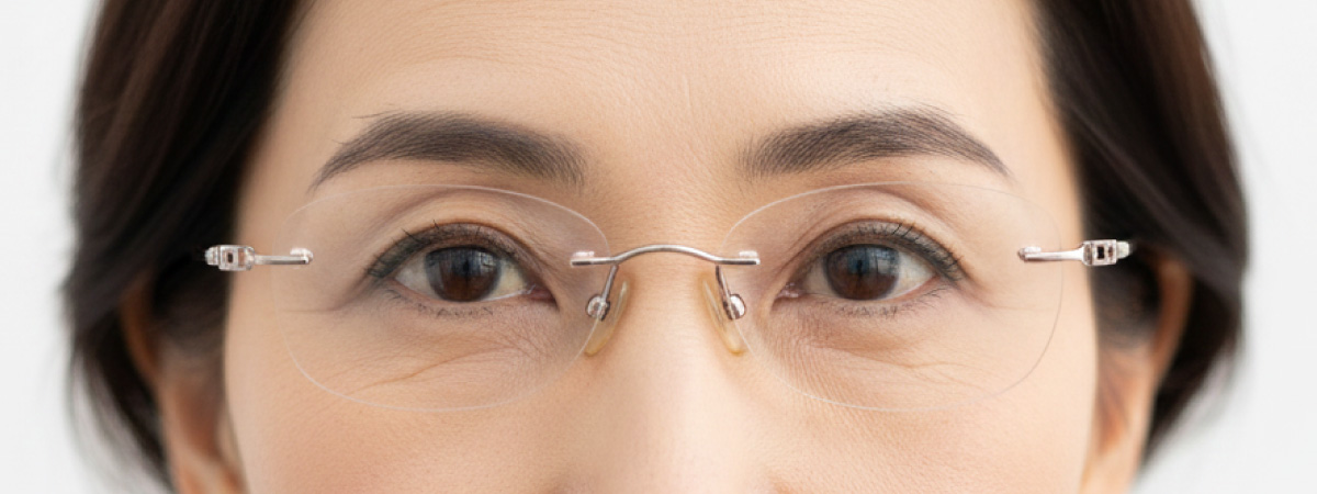 リムレスメガネをかけた直線的で落ち着いた眉の女性の目元のアップ