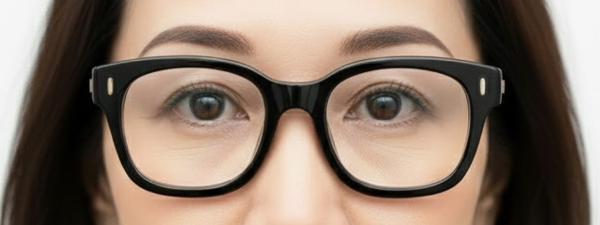 太めのプラスチックフレームをかけて柔らかなアーチ眉の女性の目元のアップ