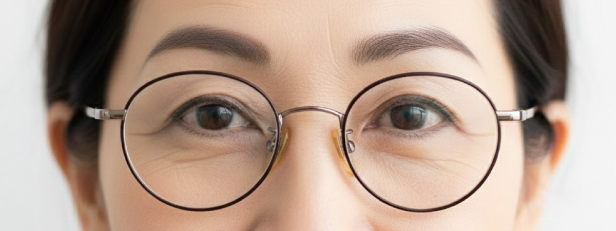 丸メガネをかけて眉山をやや高めにした丸みのあるアーチ眉の女性の目元のアップ