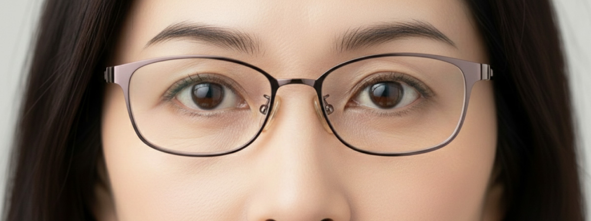 スクエア型フレームのメガネをかけた直線的で眉山にわずかな角度がついた眉の女性の目元