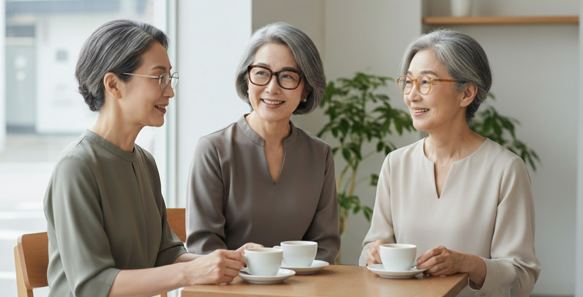 3人の60代の女性がテーブルを囲みカフェで会話を楽しんでいる。それぞれ白髪交じりのヘアスタイルで、異なるメガネをかけている。