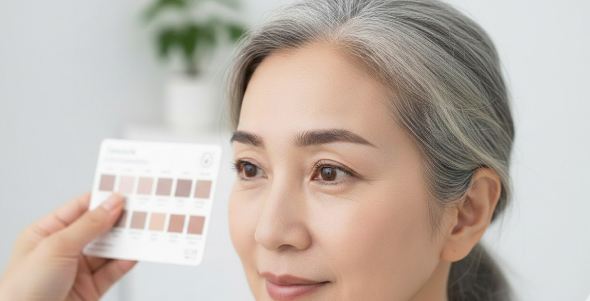 白髪交じりの女性の顔の横でカラーチャートを掲げ女性に最適な色の選定を行っている場面。女性は微笑んでいる。