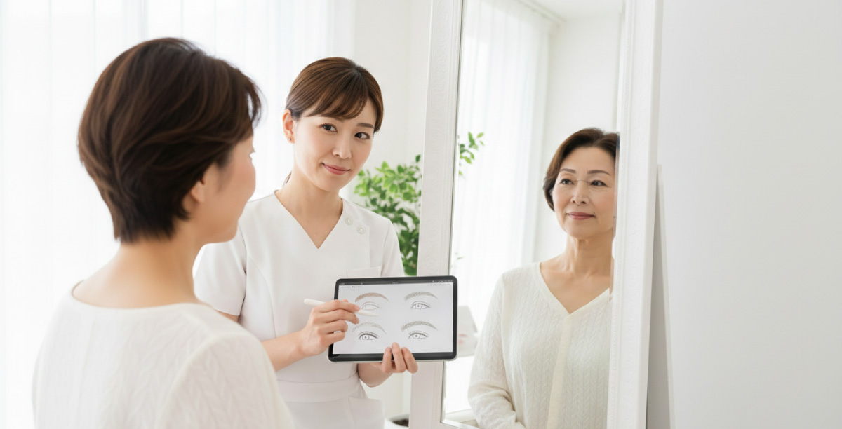 白を基調とした明るい室内で眉のデザインについてアートメイクアーティストと鏡を見ながら確認している60代の女性。