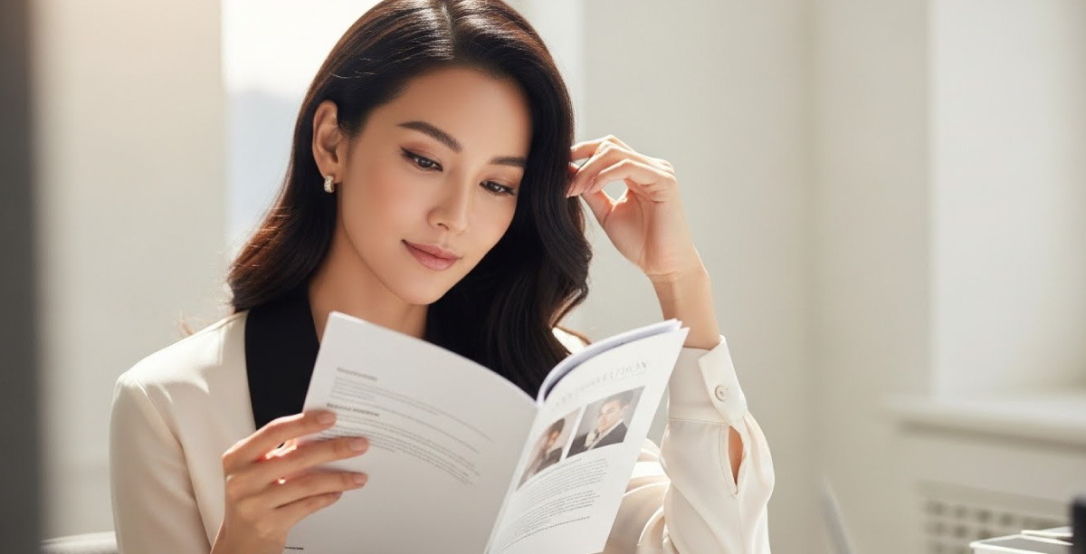 アートメイクのライセンスについて資料を見ながら考える女性