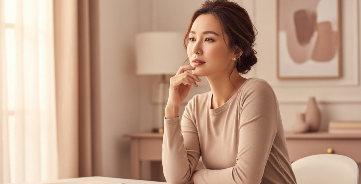 モダンな室内で国際ライセンスは本当に必要なのかを椅子に座りテーブルに頬杖をつきながら考える女性