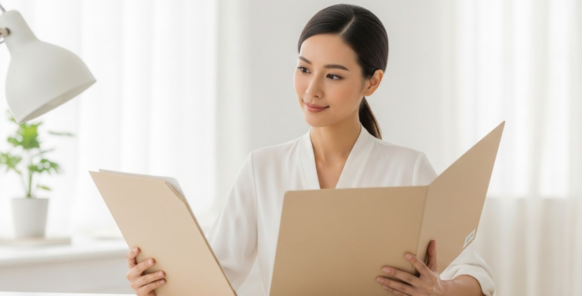 明るい自宅で医療アートメイクスクールのパンフレットを両手に持ち講座を比較・検討している女性