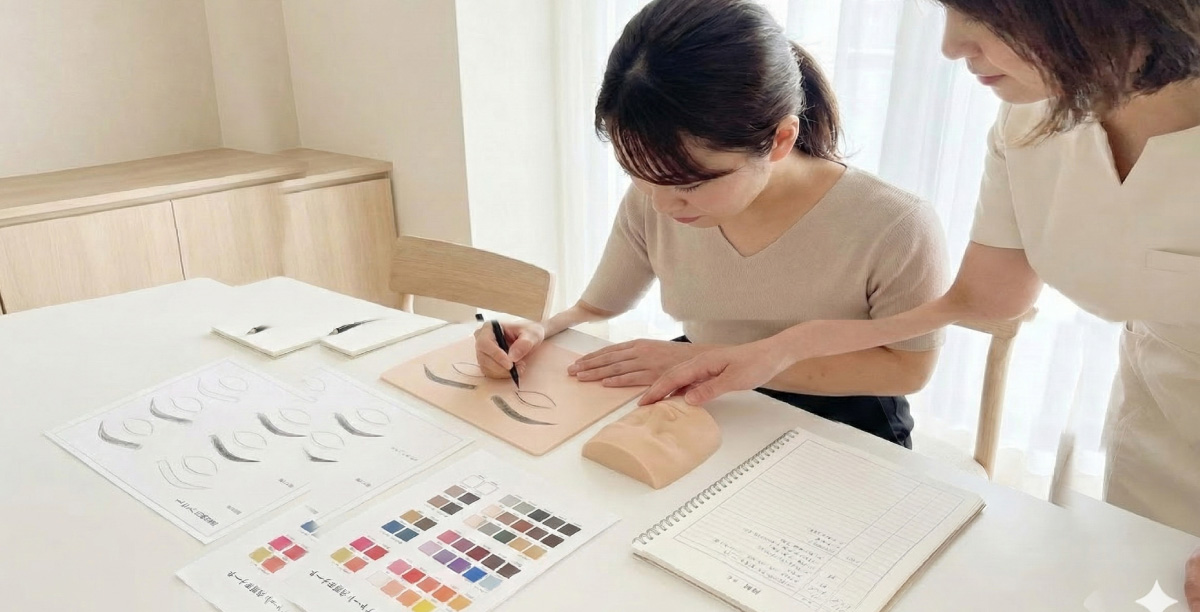 スクールの講師から指導を受け医療アートメイクのシートにデッサンの練習を行っている女性