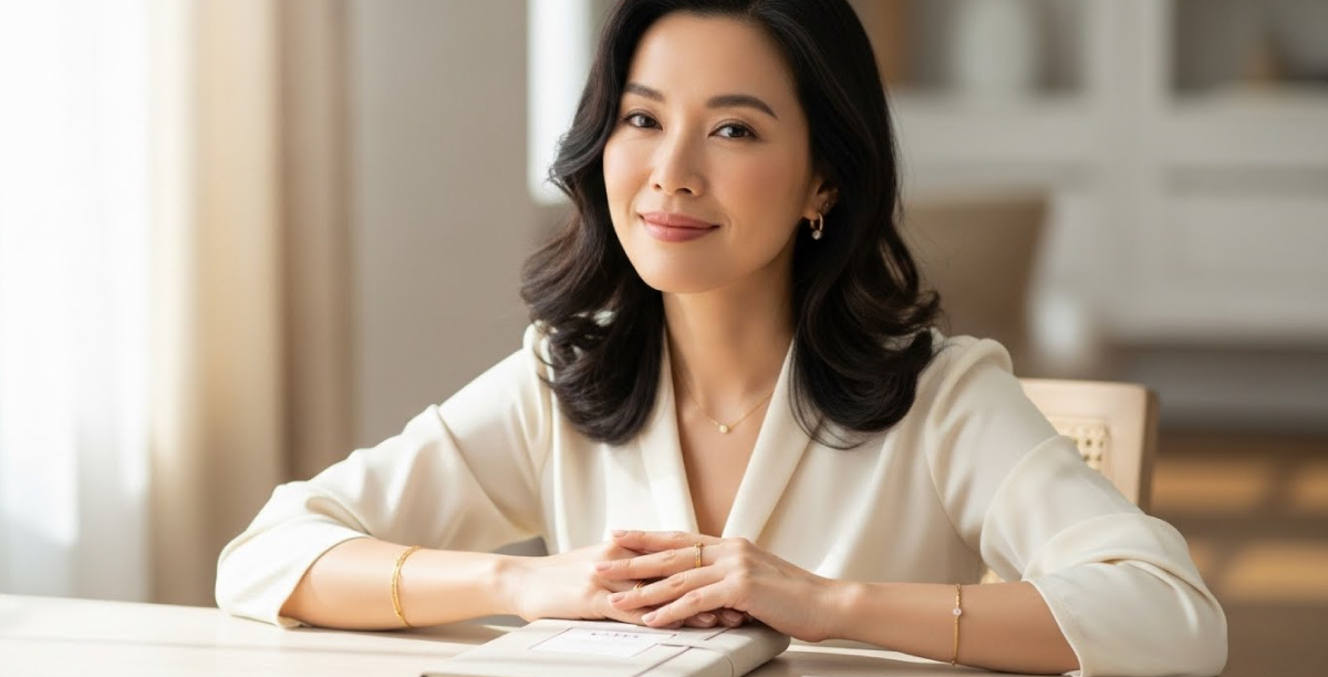 テーブルの上に置いてある手帳の上で手を組みアートメイク講習の費用や期間などを考え微笑んでいる椅子に座った女性