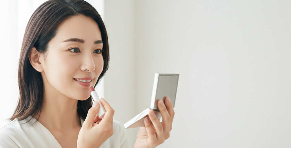白を基調とした室内で手鏡を見ながらリップメイクをする女性。眉の濃さを緩和するため、肌なじみの良い色のリップを微笑みながらつけている。
