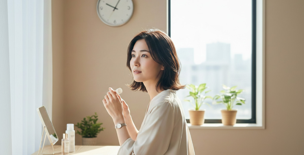 忙しい出勤前の時間に明るい室内でメイクをする女性。時間を気にしつつ眉の濃さを緩和するためのメイクルーティンを行っている。