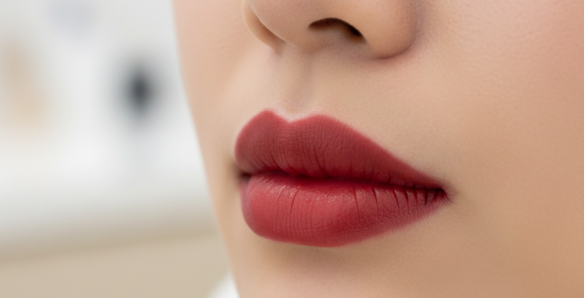 医療アートメイク後の赤色の色素が入ったマットな唇のアップ。元々の輪郭よりも少しオーバー目に赤くなっているが、施術後の腫れや赤みでオーバー目に赤くなることを示している。
