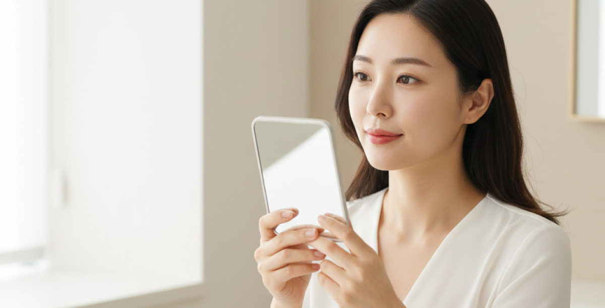 明るい室内で手鏡を使って唇の様子を確認している女性。その表情は優しく微笑んでいる。