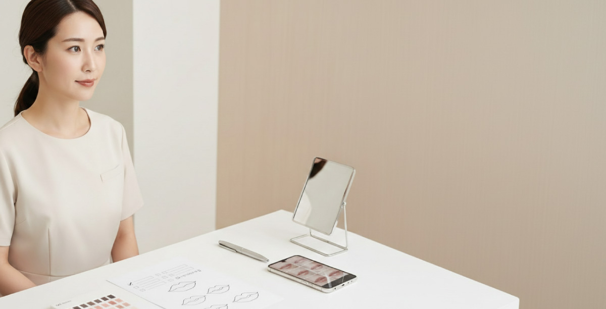 リップアートメイクのカウンセリング時の風景。施術者の前のテーブルには鏡・カラーチャート・リップのカウンセリングシート・ペン・症例を確認するためのデバイスが置かれている。