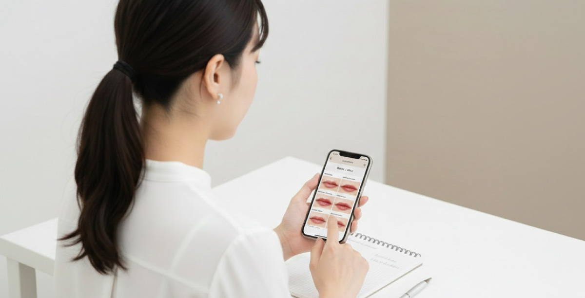 白を基調とした室内で、スマートフォンでリップの症例写真を確認している女性の後ろ姿、テーブルにはノートとペンが置かれており、症例を参考に施術者選びを行っている様子がうかがえる。