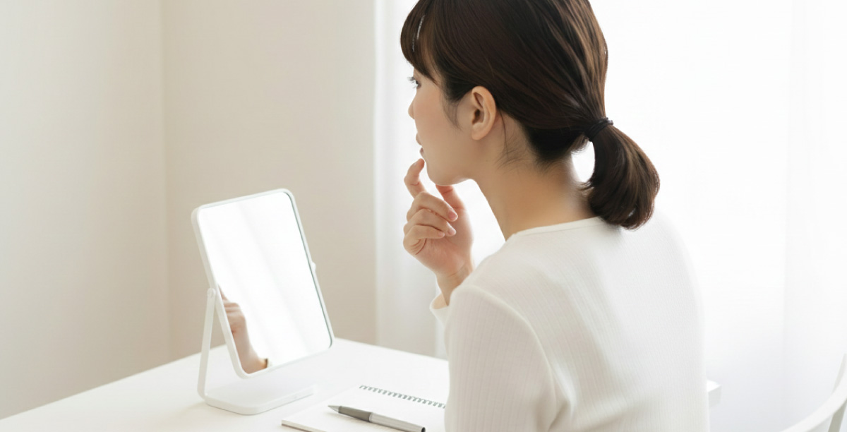 明るい室内で卓上鏡を見て、唇に触れながら除隊を確認している女性の後ろ姿。テーブルには鏡の他、メモ用のノートとペンも置かれている。