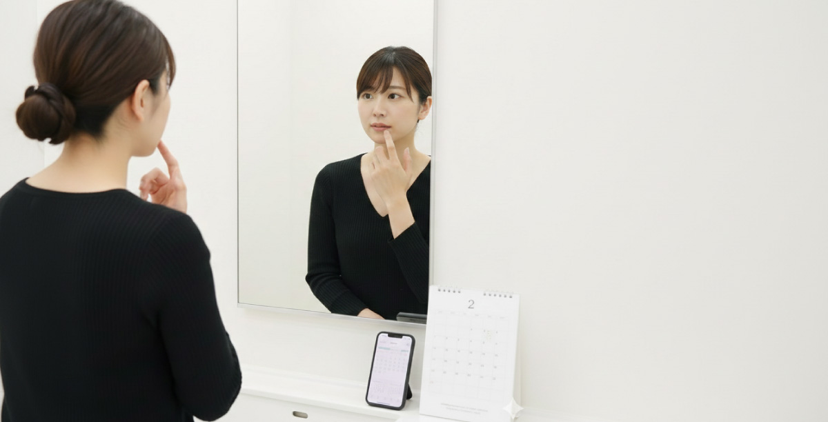 白を基調とした室内の鏡の前で唇の様子を確認している女性。目の前にはスマートフォンと卓上カレンダーが置かれている。