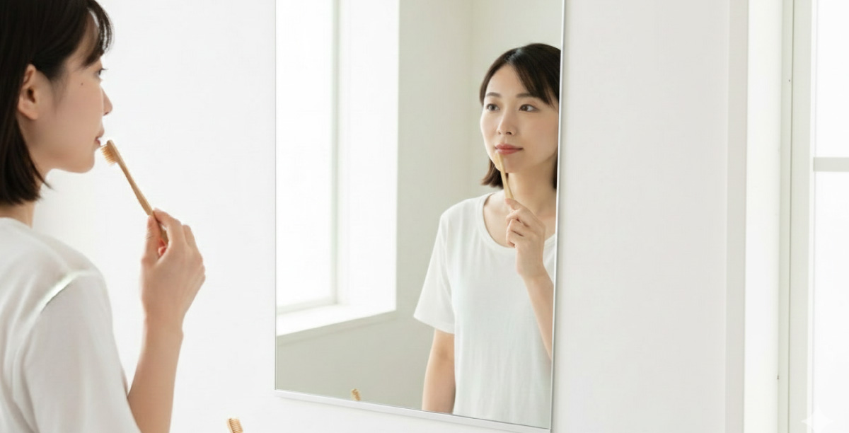 明るい自宅の鏡の前で歯を磨いている女性。唇をいたわるように慎重に歯磨きを行っている様子。