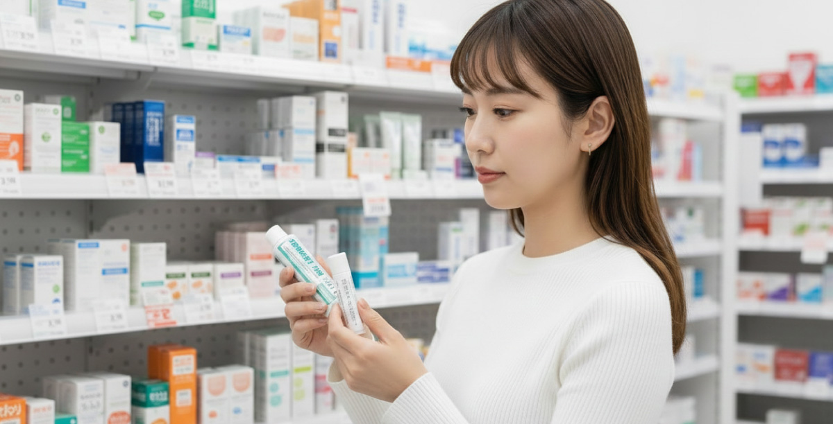 ドラッグストアで歯磨き粉やリップクリームなどのオーラルケア用品を手に取り、商品を確認している女性。店内の棚には複数のオーラルケア用品が並べられている。