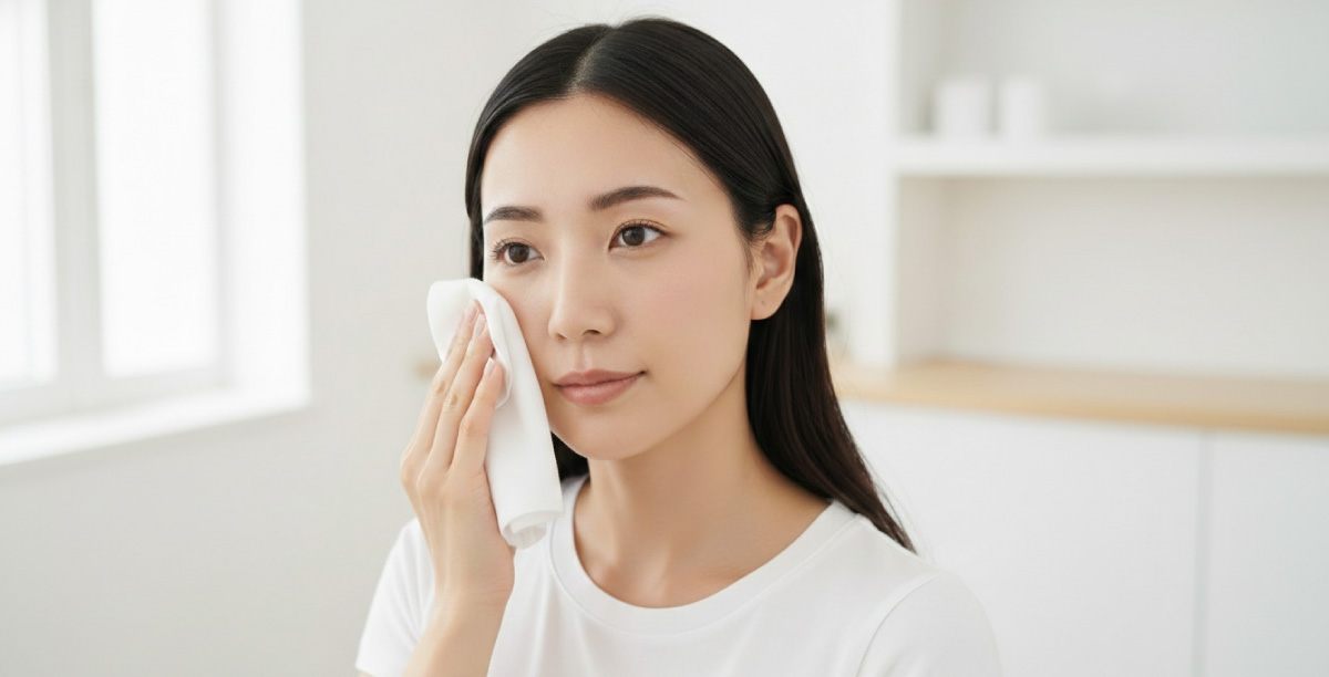 明るい自宅の室内でタオルで優しく頬を拭いている女性。眉尻が崩れる原因のひとつである摩擦を表している画像。
