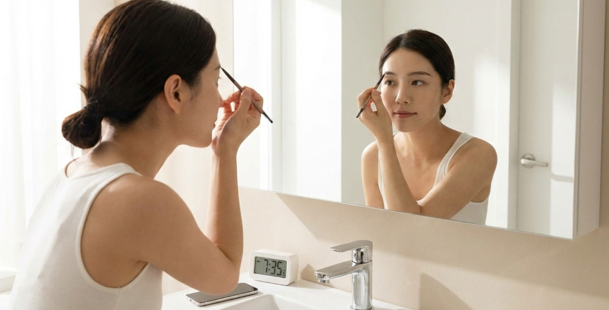 朝の眉メイクを自宅の鏡を見ながら行っているタンクトップを着た女性。洗面所に立ち鏡を覗き込んでいる女性の傍らには、スマートフォンと7時35分を表示したデジタル時計が置かれており、朝の忙しい時間のメイクを表している。