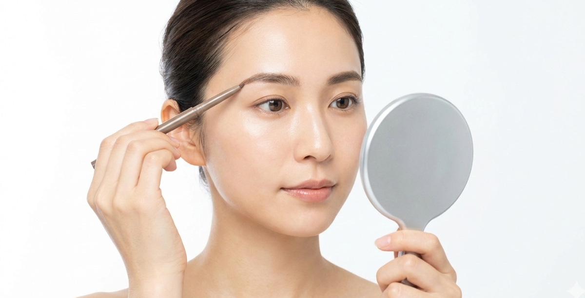 手鏡で顔を見ながら眉尻のメイクを行っている女性の顔のアップ。ブラウンの眉ペンシルを使用して眉尻の調整を行っている。